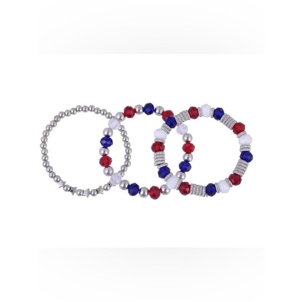 New Patriotic Red, White & Blue Beaded Stretch Bracelet Set - 3